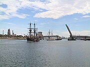 Endeavour followed by One and All; 'Diver' Derrick & Mary MacKillop bridges raised, 14 April 2012