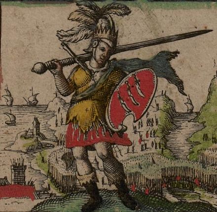 Depiction of the first king of the East Saxons, Æscwine, his shield showing the three seaxes emblem attributed to him (from John Speed's 1611 Saxon Heptarchy)
