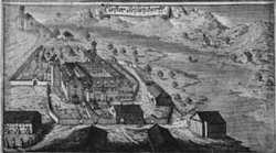 Engraving of the abbey from the "Churbaierische Atlas" of Anton Wilhelm Ertl, 1687 Ertl Schlehdorf.png