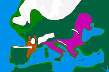 Last Glacial Maximum refugia, c. 20,000 years ago

.mw-parser-output .legend{page-break-inside:avoid;break-inside:avoid-column}.mw-parser-output .legend-color{display:inline-block;min-width:1.25em;height:1.25em;line-height:1.25;margin:1px 0;text-align:center;border:1px solid black;background-color:transparent;color:black}.mw-parser-output .legend-text{}
Solutrean culture
Epigravettian culture Europe20000ya.png