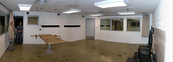 The execution chamber in Utah State Prison. The platform to the left is used for lethal injection. The metal chair to the right is used for execution 