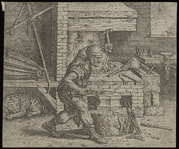 Printed image of the fable of the blacksmith and the dog from the sixteenth century