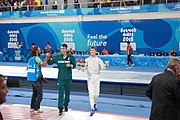 Deutsch: Fechten bei den Olympischen Jugend-Sommerspielen 2018: Tag 1, 7. Oktober 2018, Jungen, Säbel, Finale - Krisztián Rabb (HUN) - Hyun Jun (KOR) (USA) 15:13 English: Fencing at the 2018 Summer Youth Olympics at 7 October 2018 – Boys' sabre Gold medal match – Krisztián Rabb (HUN) Vs Hyun Jun (KOR) (USA) 15:13