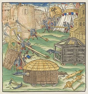 Depiction of various siege machines in the mid-16th century