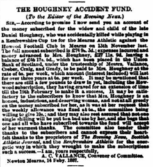 Fund raised for the late Daniel Houghney of Mearns Athletic, Glasgow Evening News, 14 February 1887 Fund raised for the late Daniel Houghney of Mearns Athletic, Glasgow Evening News, 14 February 1887.png