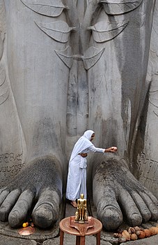 Žena u Karnataki pere stopala spomenika posvećenom Bahubaliju, jednom od najvažnijih figura u đainizmu. Đainizam je jedna od najstarijih religija sveta. Nastao je u 7. ili 8. veku pre nove ere. Danas su đainisti verska manjina u Indiji, sa oko 4,2 miliona vernika.