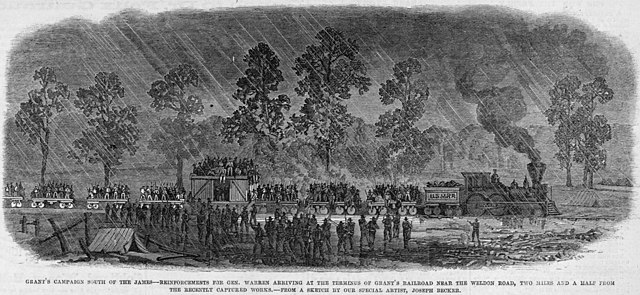 Grant's campaign south of the James-reinforcements to Gen. Warren arriving at the terminus of Grant's railroad near the Weldon Road, two miles and a h