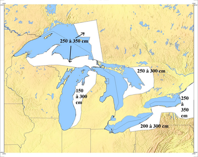 Map showing the snowbelts around the Great Lakes of North America with 150 cm (60 in) accumulations or more during winter Great Lakes Snowbelt EPA fr.png