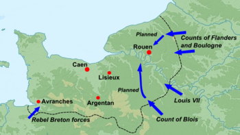 Politieke kaart met militaire gebeurtenissen in Normandië in Frankrijk.