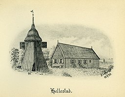 Hällestads gamla kyrka från 1600-talet som revs 1899. Här på teckning från 1892.