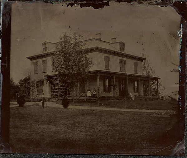 A decayed tintype, showing Hillside Manor in the 1870s. More details The house, sited on high point not far from the Great Chestnut Tree in Woodside, 