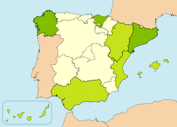 Nationalities of Spain as defined in their statutes
.mw-parser-output .legend{page-break-inside:avoid;break-inside:avoid-column}.mw-parser-output .legend-color{display:inline-block;min-width:1.25em;height:1.25em;line-height:1.25;margin:1px 0;text-align:center;border:1px solid black;background-color:transparent;color:black}.mw-parser-output .legend-text{}
Nationality with autonomy statute dating back to the Second Spanish Republic
Nationality defined in Spain's modern statute
Other Autonomous Communities Historical nations spain.svg