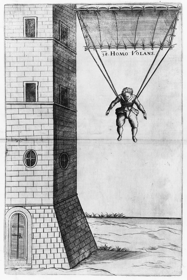 Fausto Veranzio's parachute design, titled Homo Volans ("Flying Man"), from his Machinae Novae ("New Contraptions", published in 1615 or 1616)