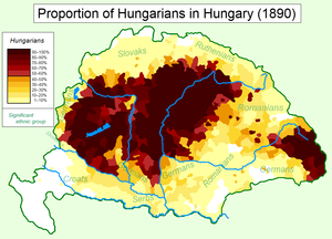 Proportion of Hungarians in Hungary, 1890 census based on the most commonly spoken languages Hungarians in Hungary (1890).png