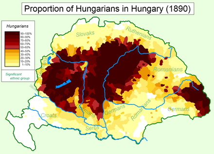 Distribution of Hungarians in the Kingdom of Hungary and the Kingdom of Croatia-Slavonia (1890)