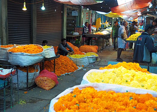 Market for flower garlands as offerings to Hindu gods, Mysore, India