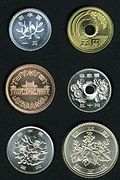 Koin dalam pecahan Yen, mata uang Jepang.