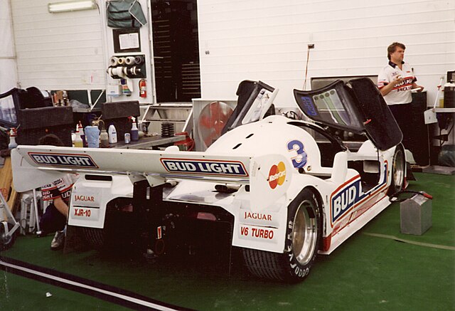 The XJ220 used a road-legal version of the turbocharged V6 racing engine used in the XJR-10 (pictured) and XJR-11 race cars