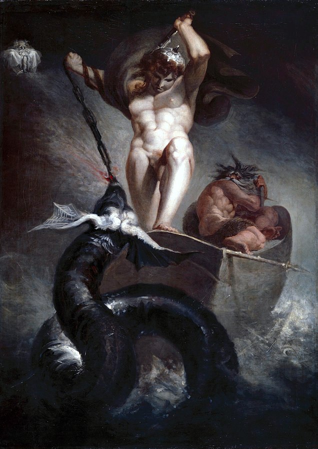 Thor fighting the mighty worm Jormundgandr at fishing trip with a giant