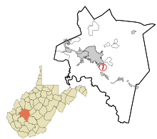 Kanawha County West Virginia eingemeindete und nicht eingetragene Gebiete Rand hervorgehoben.svg