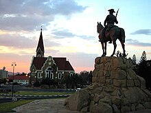German church and monument to colonists in Windhoek, Namibia. Kirche denkmal nam.jpg