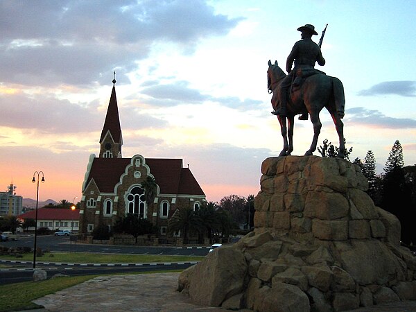 German church and monument to colonists in Windhoek, Namibia