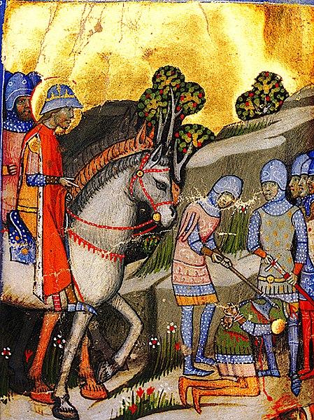 Koppány's execution after his defeat by Stephen, depicted in the Chronicon Pictum
