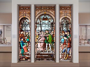 En collaboration avec Eugène-Stanislas Oudinot, La Danse des Fiançailles (1885), vitrail, New York, Metropolitan Museum of Art.