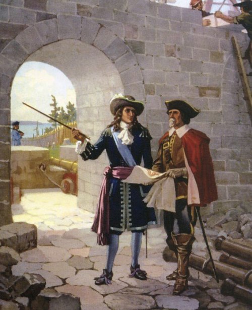 Depiction of La Salle inspecting the reconstruction of Fort Frontenac, 1675. Painting by John David Kelly.