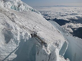 Ladder bridging a crevasse on Mt. Rainier. Photo taken Aug. 2009