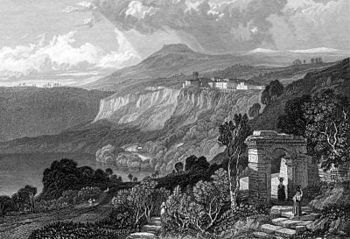 Ruins by the shores of Lake Nemi, in an 1831 engraving Lake Nemi 1831.jpg