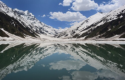 A picture of Lake Saiful Mulook in the Hindu Kush of northern Pakistan. The image depicts a scene of mountains reflected in water, just off-center enough to draw the attention. The category of reflections of Lake Saiful Mulook contains several other well-composed pictures like this.