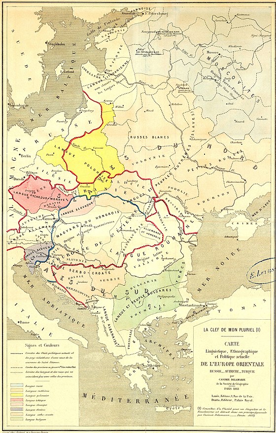 Linguistic, ethnographic, and political map of Eastern Europe by Casimir Delamarre, 1868 .mw-parser-output .legend{page-break-inside:avoid;break-inside:avoid-column}.mw-parser-output .legend-color{display:inline-block;min-width:1.25em;height:1.25em;line-height:1.25;margin:1px 0;text-align:center;border:1px solid black;background-color:transparent;color:black}.mw-parser-output .legend-text{}  Ruthenians and Ruthenian language