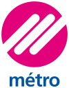 pink circle with three diagonal white lozenges forming stylised letter m