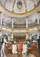 Promotional material showing the first-class dining room Lustiania 1st Class Dining Saloon Artistic Conception.jpg