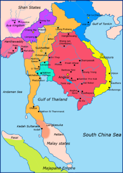1300 M Orange: Kerajaan Sukhothai Biru muda: Kerajaan Lavo Merah: Kerajaan Khmer Kuning: Champa Biru: Dai Viet Ungu: Lanna Hijau: Majapahit