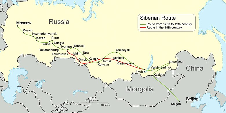 Map of the Siberian Route in the 18th century (green) and the early 19th century (red)