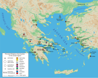 Some of the known panhellenic sanctuaries listed among the main Greek sanctuaries. Map greek sanctuaries-en.svg