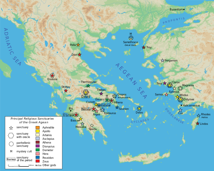 A map of the main sanctuaries in Classical Greece.