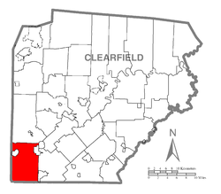 Mapa okresu Clearfield v Pensylvánii se zvýrazněním Burnside Township