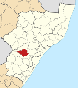 Kaart van Suid-Afrika wat uMngeni in KwaZulu-Natal aandui