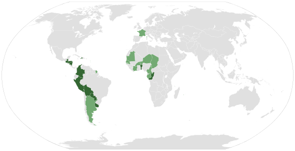Map showing countries in the world that have departments as administrative divisions ..mw-parser-output .legend{page-break-inside:avoid;break-inside:avoid-column}.mw-parser-output .legend-color{display:inline-block;min-width:1.25em;height:1.25em;line-height:1.25;margin:1px 0;text-align:center;border:1px solid black;background-color:transparent;color:black}.mw-parser-output .legend-text{}  As first level   As second level