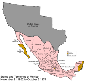 The territories of Mexico in 1952 (brown). Mexico 1952 to 1974.png