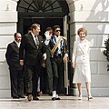 President Ronald Reagan and first lady Nancy Reagan welcome pop singer Michael Jackson to the White House, 1984