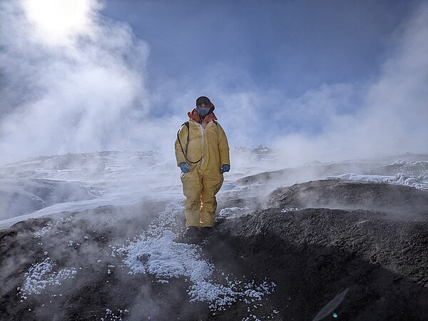 Sampling for microbiology from geothermally heated soils at Tramway Ridge, Mt. Erebus, Antarctica. Photo by Stenoell