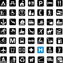 Graphic symbols are often functionalist and anonymous, as these pictographs from the US National Park Service illustrate. National Park Service sample pictographs.svg