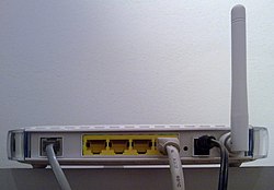 Netgear DG834G v4 rear plugs, in order: the RJ-11, the Ethernet switch (4 ports, from v3 is yellow coloured), the reset, the DC power plug, the 2.4GHz antenna. Netgear dg834gv4 rear.jpg