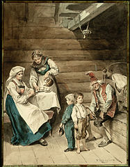 Kven er størst måttru – painting by Nils Bergslien (1853–1928)