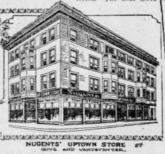 Nugents "Uptown" (now Midtown) Store 1914, the first suburban branch of a U.S. downtown department store Nugents Uptown 1914.png