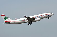 A Middle East Airlines Airbus A330-200 taking off at Paris Charles de Gaulle Airport.